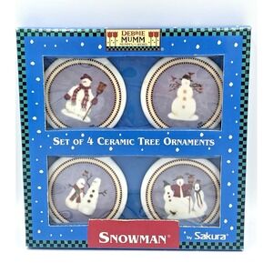 Vtg Debbie Mumm Sakura Snowman Set Of 4 Ceramic Christmas Ornaments NIB